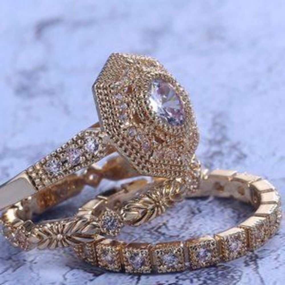 *NEW 18K Yellow Gold Art Deco Diamond 3PC Ring Set